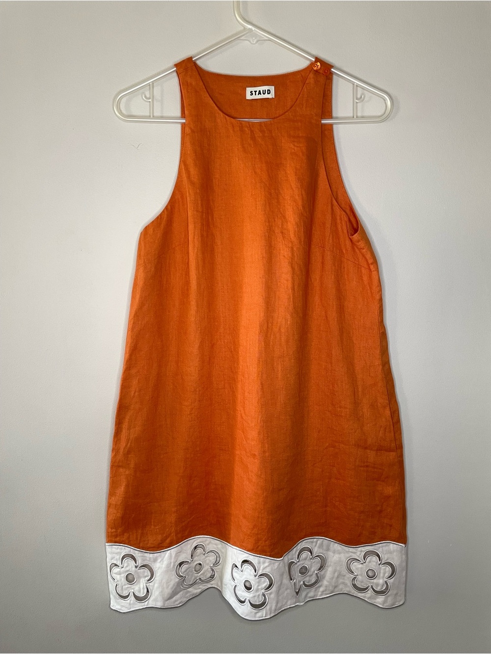Staud Mika Floral Eyelet-Trimmed Linen Shift Minidress in Apricot White Size S - Picture 6 of 10